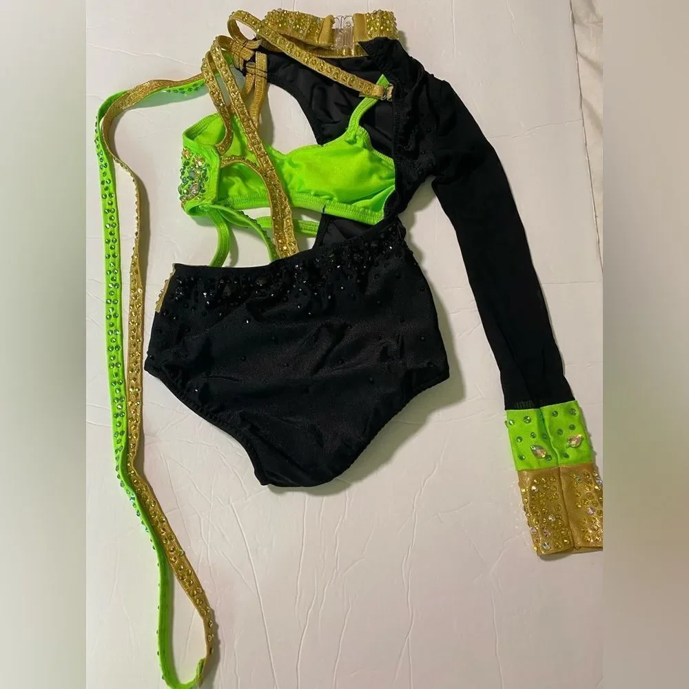 Glamour solo dance costume leotard Money green embellished rhinestone SC child
